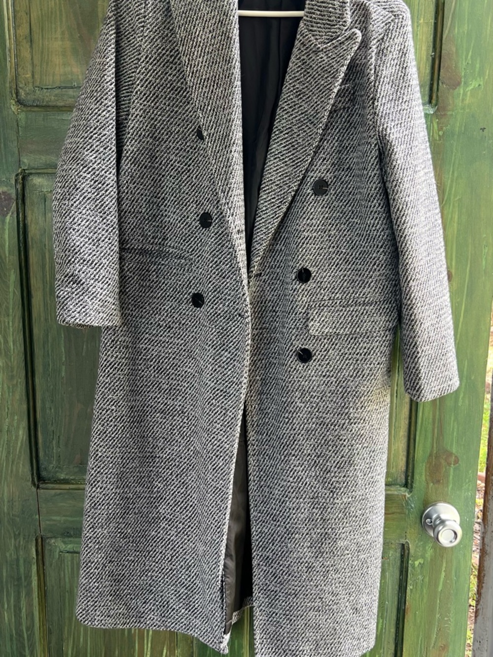 Pink Diamond Oversized Double-Breasted Herringbone Pea Coat - Black & White - Picture 2 of 6